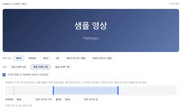 비디오 변환 도구의 전체 화면 — 영상 미리보기, 출력 형식(MP4·WEBM·MOV·GIF)과 오디오 추출(MP3·M4A), 화질 선택, 그리고 '구간만 변환'을 켜서 드래그 타임라인으로 시작·끝 구간을 잡은 모습